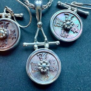 Sajen brand MOP Pearl sterling silver coin Asian Necklace earring oriental *new*